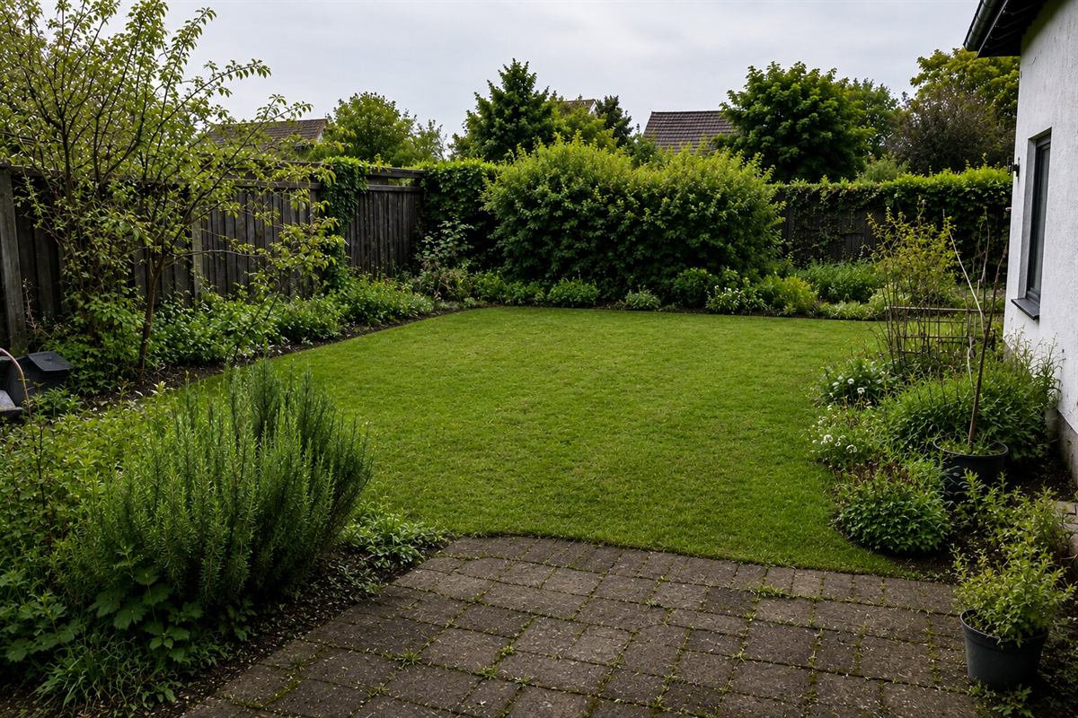 Derselbe Garten nach der Pflege mit gemähtem Rasen und angelegten Beeten