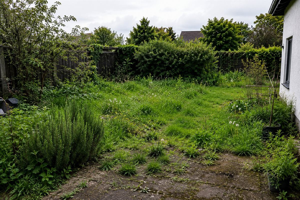 Verwilderter Garten mit hohem Gras vor der Pflege