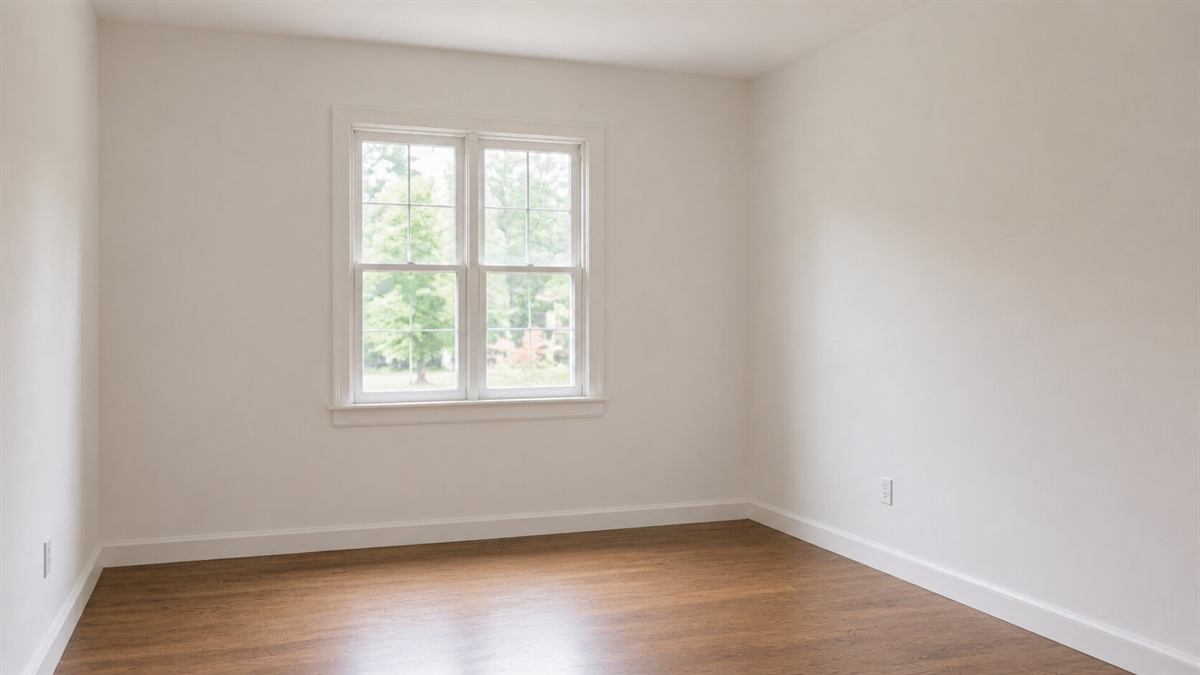 Fertig renoviertes Zimmer mit gestrichenen Wänden und neuem Boden