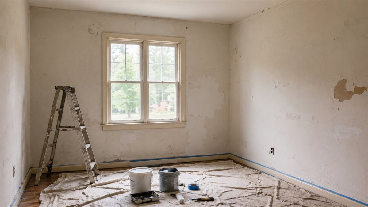 Zimmer während der Renovierung mit Leiter und Farbeimern