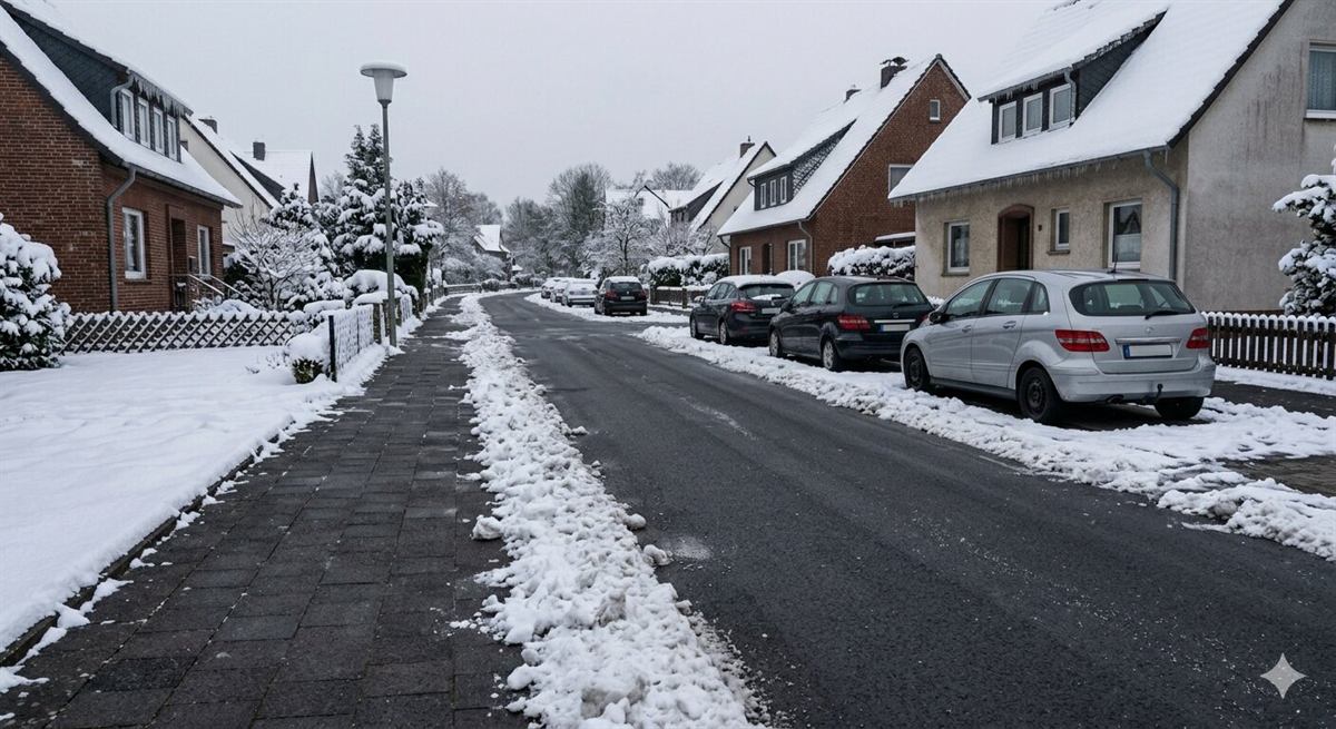 Derselbe Gehweg nach Räumung und Streuung